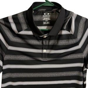 Oakley Polo Shirt Mens Large Black White  gray Striped Polyester Golf Adu